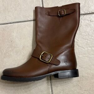 Frye Veronica Brown Leather Mid-Calf Buckle Ankle Booties